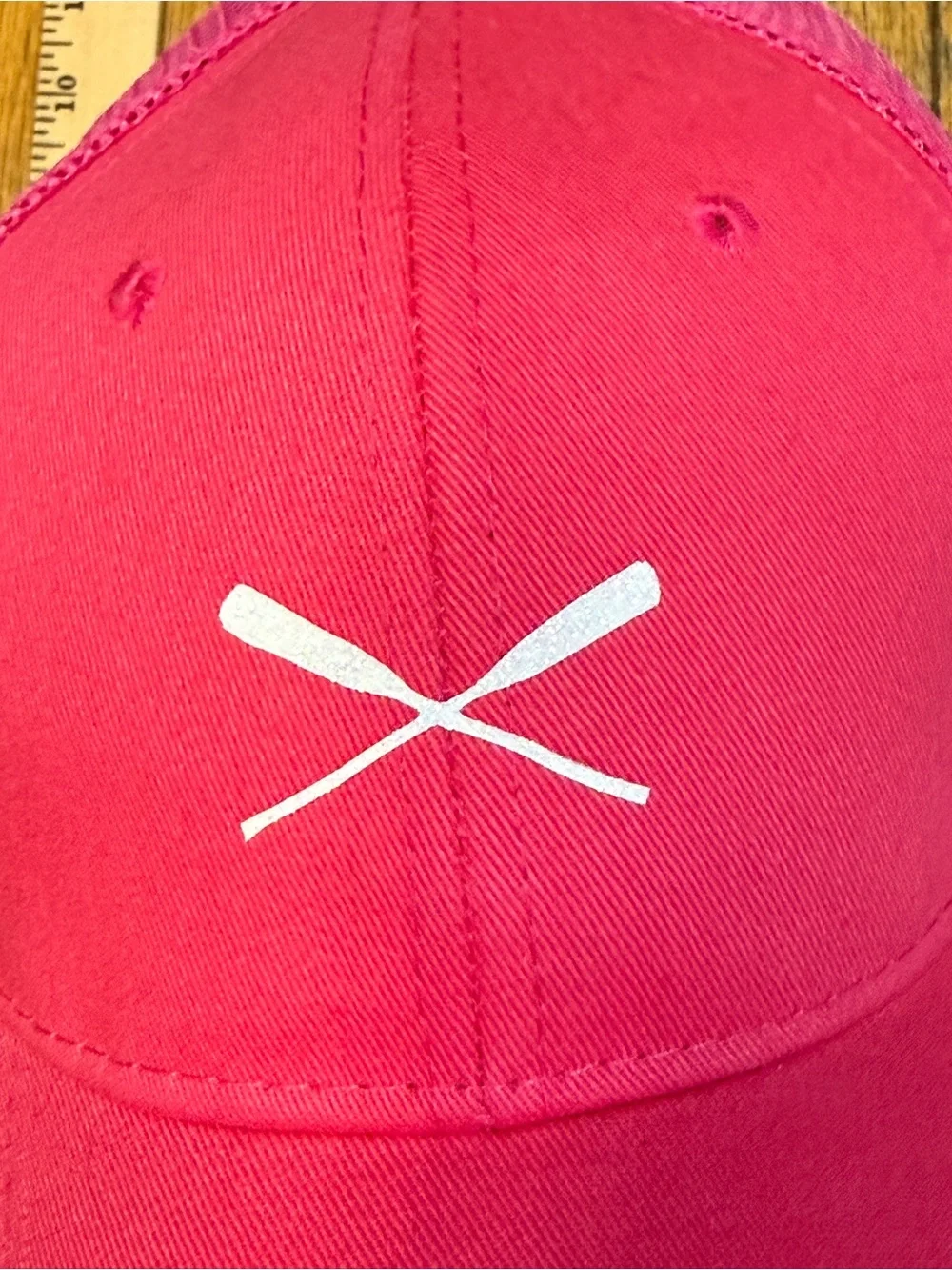 Bright Pink Trucker Hat with White Oars and pony tail hole